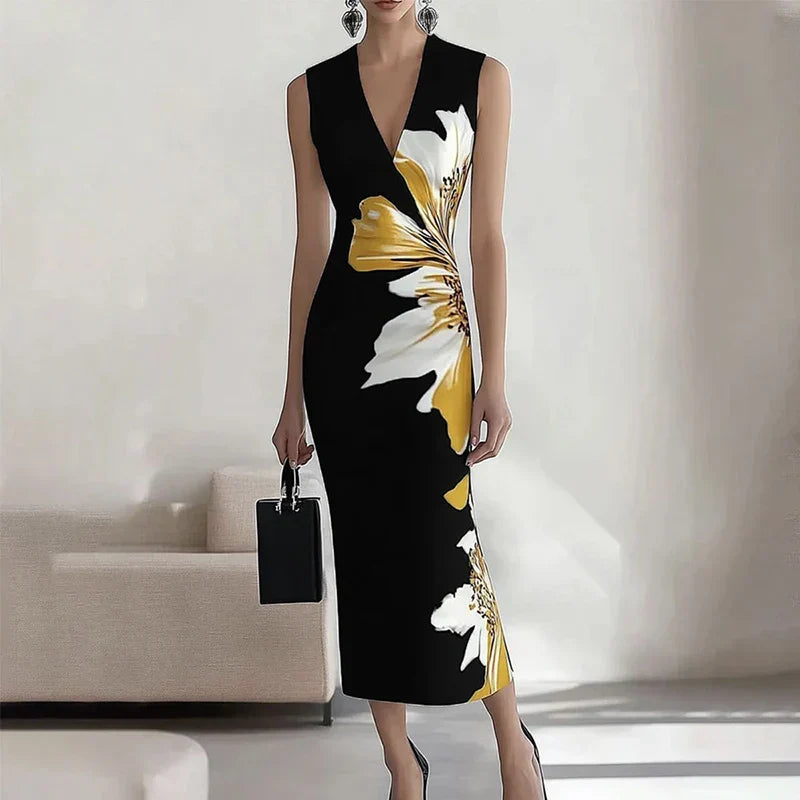 Floral Print Sleeveless Deep V Neck Bodycon Midi Dress