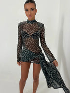 Print Mock Neck Long Sleeve Tie Side Sheer Mesh Mini Dress