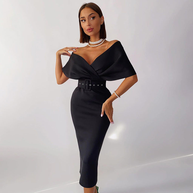 Off Shoulder Draped Cap Sleeve Wrap Belt Grommet Bodycon Midi Dress