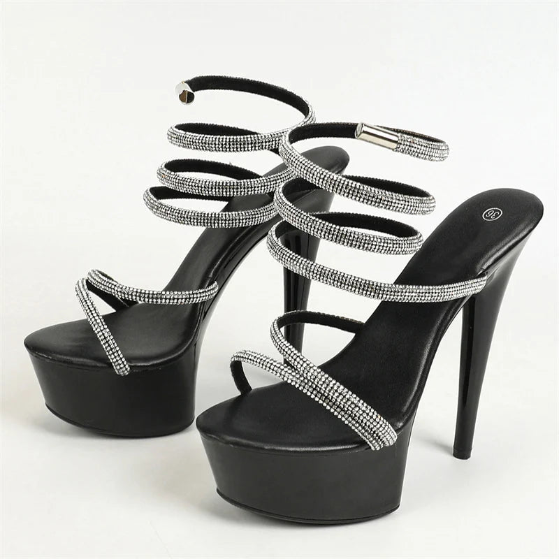 Glitter Rhinestone Ankle Strap Platform Sandals for Elegant Women