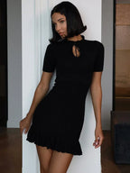 Ribbed Knit Keyhole Pie Crust Collar Ruffle Hem Mini Dress