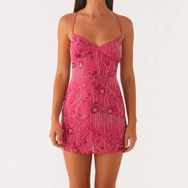 V-Neck Spaghetti Strap Floral Embroidered Beaded Fringe Mesh Mini Dress