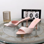 High heeled fishmouth slippers with rhinestones for summer