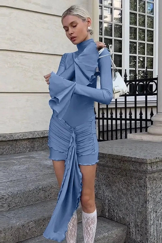 Elegant Pleated Long Sleeve Patchwork Mini Dress - Patchwork Mini Dress