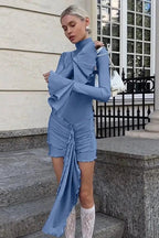 Elegant Pleated Long Sleeve Patchwork Mini Dress - Patchwork Mini Dress