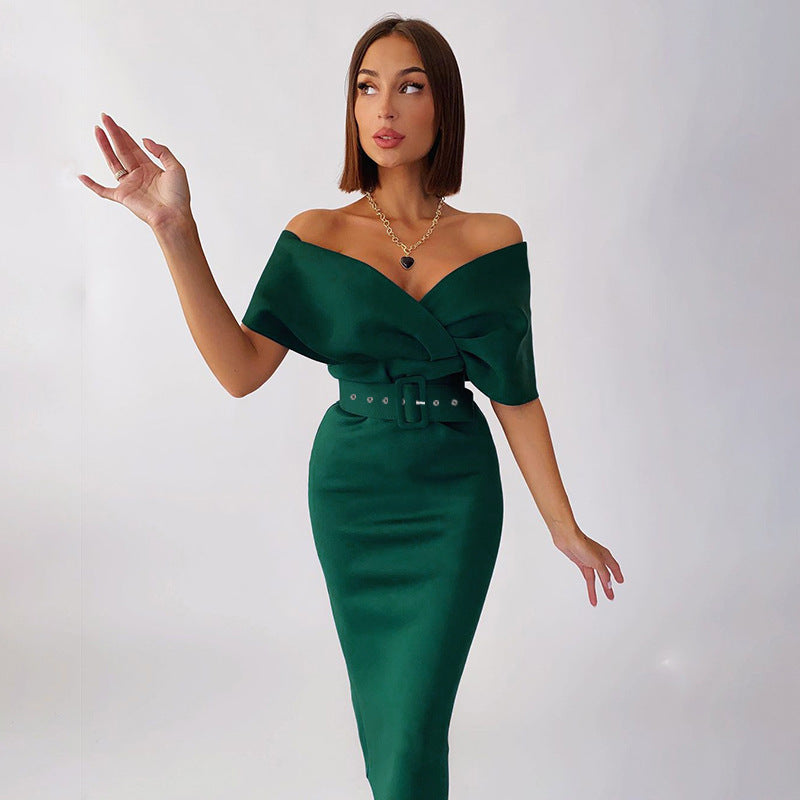 Off Shoulder Draped Cap Sleeve Wrap Belt Grommet Bodycon Midi Dress