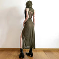 Hooded Slashed Ladder Back High Slit Tank Bodycon Maxi Dress