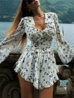 TAVIMART  -  Ruffled V-Neck Printed Mini Dress Female Bandage Autumn Fashion Lace-Up Contrast Drawstring Dress For Women Party Dress