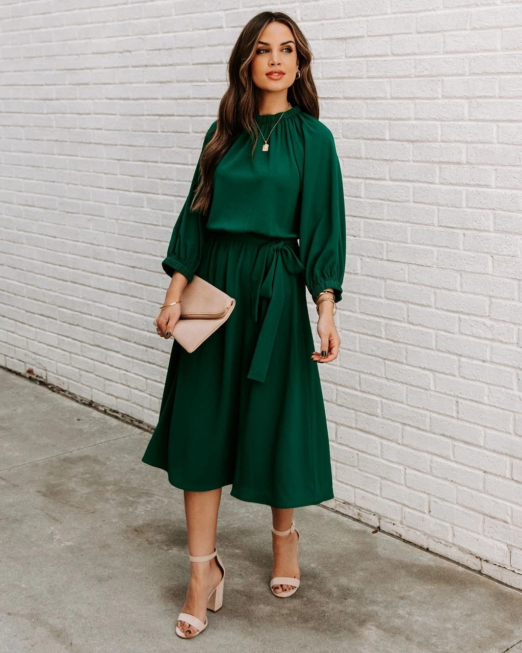 Gathered Mock Neck Lantern Sleeve Tie Waist A-Line Midi Dress