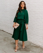 Gathered Mock Neck Lantern Sleeve Tie Waist A-Line Midi Dress