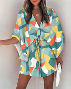 DressBetty - Casual Flora Print Batwing Sleeve Lace-Up Dress