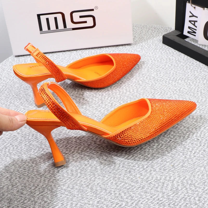 Summer stiletto sandals with pointed rhinestones and 8CM heels