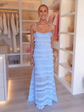 Pointelle Knit Spaghetti Strap Tiered Ruffle Trim Maxi Dress