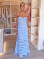 Pointelle Knit Spaghetti Strap Tiered Ruffle Trim Maxi Dress