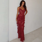 Lace Cowl Neck Spaghetti Strap Tiered Ruffle Bodycon Maxi Dress