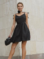 Tie Shoulder Bow Backless V-Neck Pleated Mini Dress