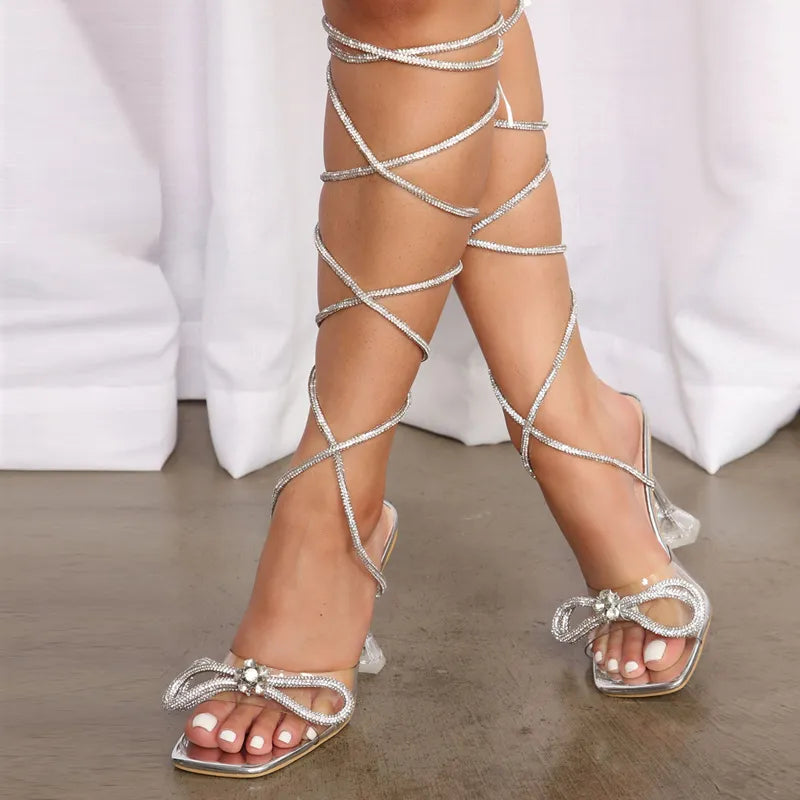 Crystal Rhinestone Bowknot High Heel Sandals for Summer Party Wedding