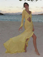 Mesh Long Sleeve Midriff Cut Out Ruffle Trim High Low Maxi Dress