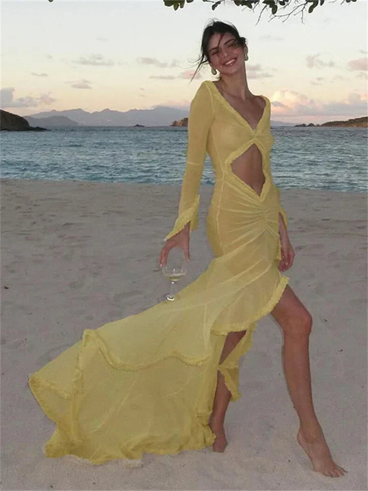 Mesh Long Sleeve Midriff Cut Out Ruffle Trim High Low Maxi Dress