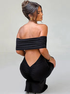 Off Shoulder Horizontal Ruched Band Column Maxi Mini Dress