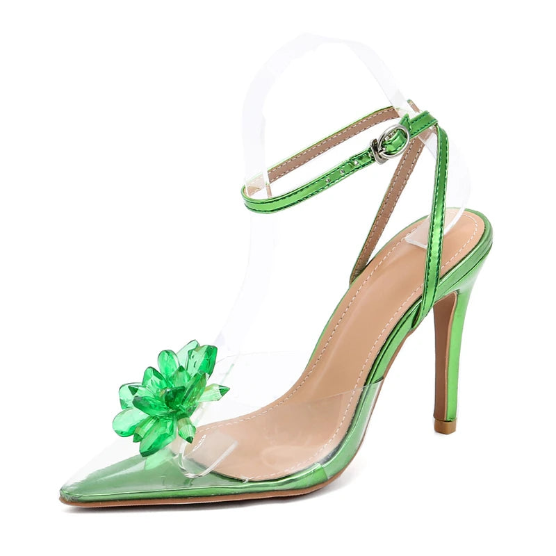 Green Crystal Flower Women Pumps with Sexy Pointed Toe High Heels