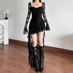 Lace Sweetheart Ruched Bodice Bell Sleeve High Low Asymmetrical Hem Dress