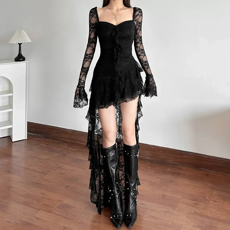Lace Sweetheart Ruched Bodice Bell Sleeve High Low Asymmetrical Hem Dress