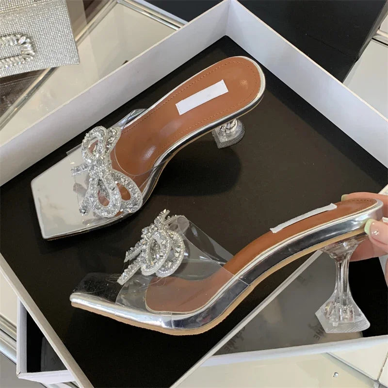 PVC Transparent Bowknot Women Sandals with Square Toe for Summer
