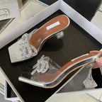 PVC Transparent Bowknot Women Sandals with Square Toe for Summer