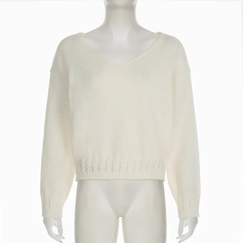V-neck Solid Casual Sweater Simple All-match Cable-knit Knitwear Pullovers Fall Women Clothes Streetwear Loose Fit Tops