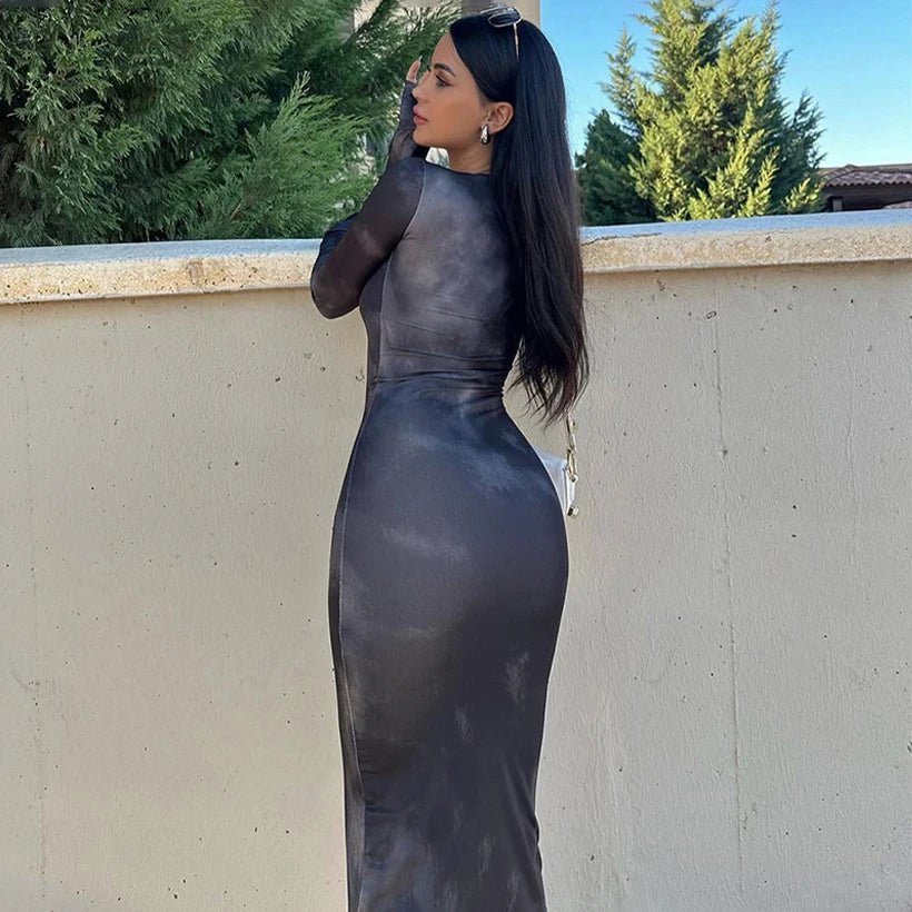 Crew Neck Long Sleeve Abstract Marble Print Bodycon Maxi Dress