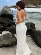 Plissé Halter Neck Tiered Lace Trim Bodycon Maxi Dress
