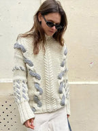 Elegant Turtleneck Women's Sweater Contrast Twist Knitted Pullovers Crocheted Knitwear Long Sleeved Top 2024 Autumn Loose Jumper