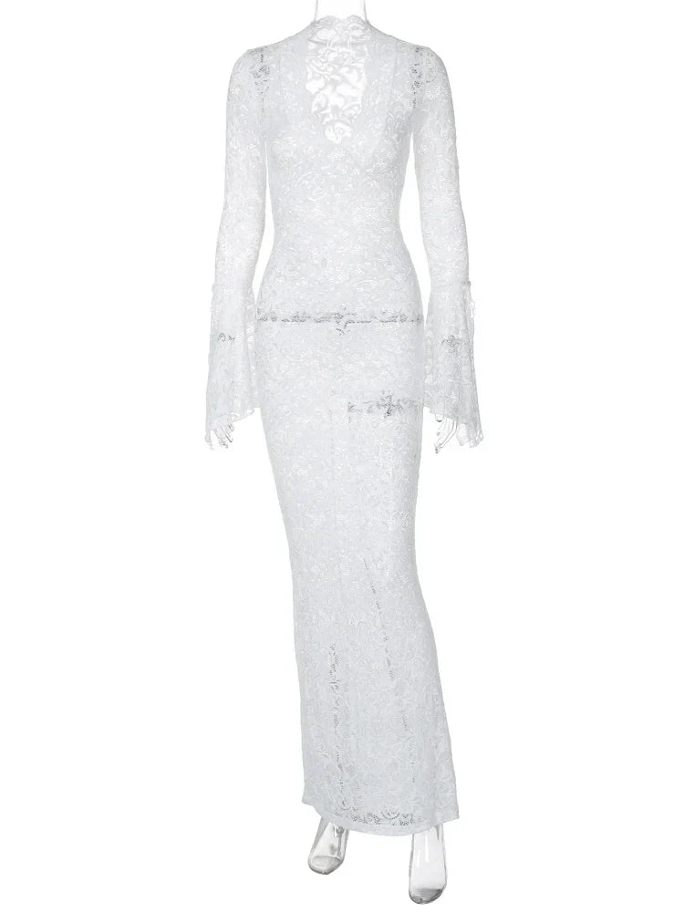 Sheer Lace Deep V-Neck Bell Sleeve Bodycon Maxi Dress