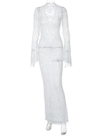 Sheer Lace Deep V-Neck Bell Sleeve Bodycon Maxi Dress