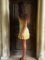Crochet Pointelle Deep V-Neck Ruffle Hem Mini Dress