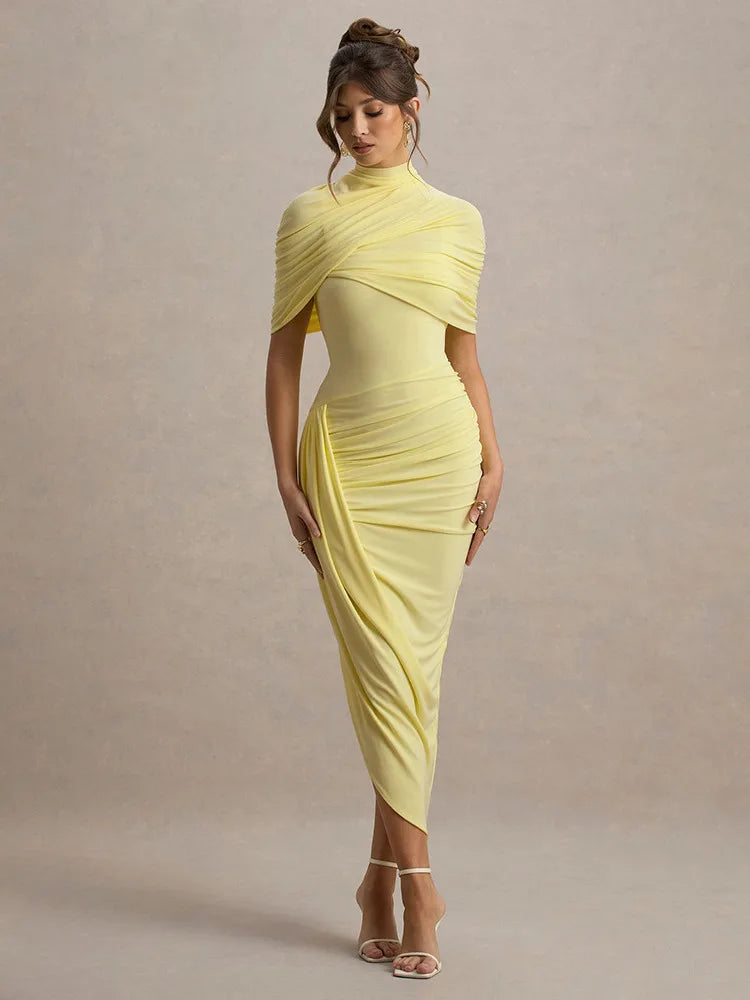 High Neck Diamond Open Back Ruched Cape Sleeve Asymmetric Hem Midi Dress