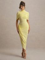 High Neck Diamond Open Back Ruched Cape Sleeve Asymmetric Hem Midi Dress