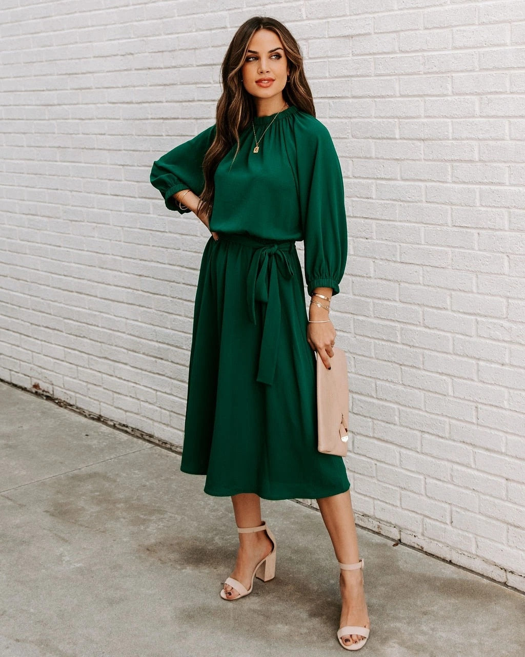 Gathered Mock Neck Lantern Sleeve Tie Waist A-Line Midi Dress