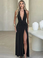 Halter Plunging V Ruched Waist High Slit Maxi Dress