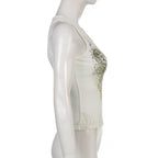 DressBetty - Slim Knitted Vest White Sleeveless O Neck Butterfly Vintage Print Tank Crop Tops