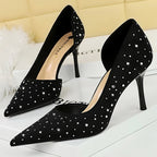 Rhinestone Kitten Heels Women 8 Cm Pumps Silk Satin High Heels