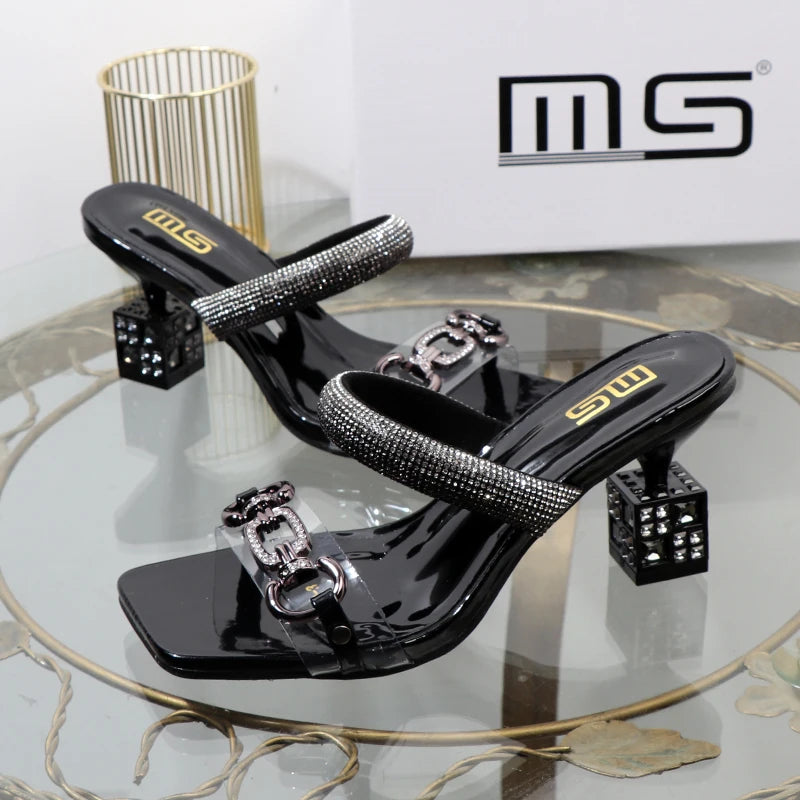Transparent belt with metal decoration and box-shaped square Alien heel high heels