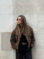 Zipper Suede Cargo Jacket Coat Button Lapel Maillard Slimming Workwear Leather Jackets Casual Short Outwear Commute Overcoat