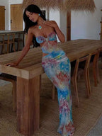Strapless Sweetheart Side Cutout Abstract Print Chain Halter Bodycon Maxi Dress