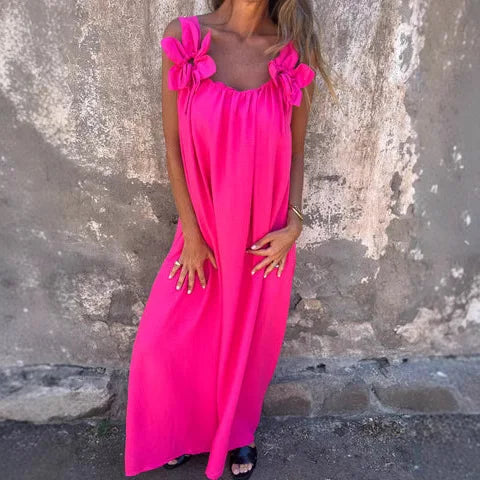 Bow Shoulder Strap Scoop Neck Loose Fit Pocket Maxi Dress
