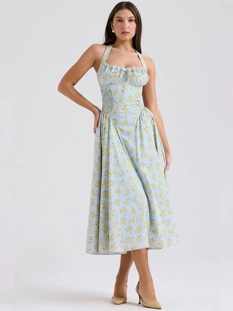 Ditsy Floral Print Halter Neck Corset Bow Trim Fit and Flare Midi Dress