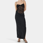 Lace Inset Sweetheart Ruched Bust Satin Draped High Slit Maxi Dress