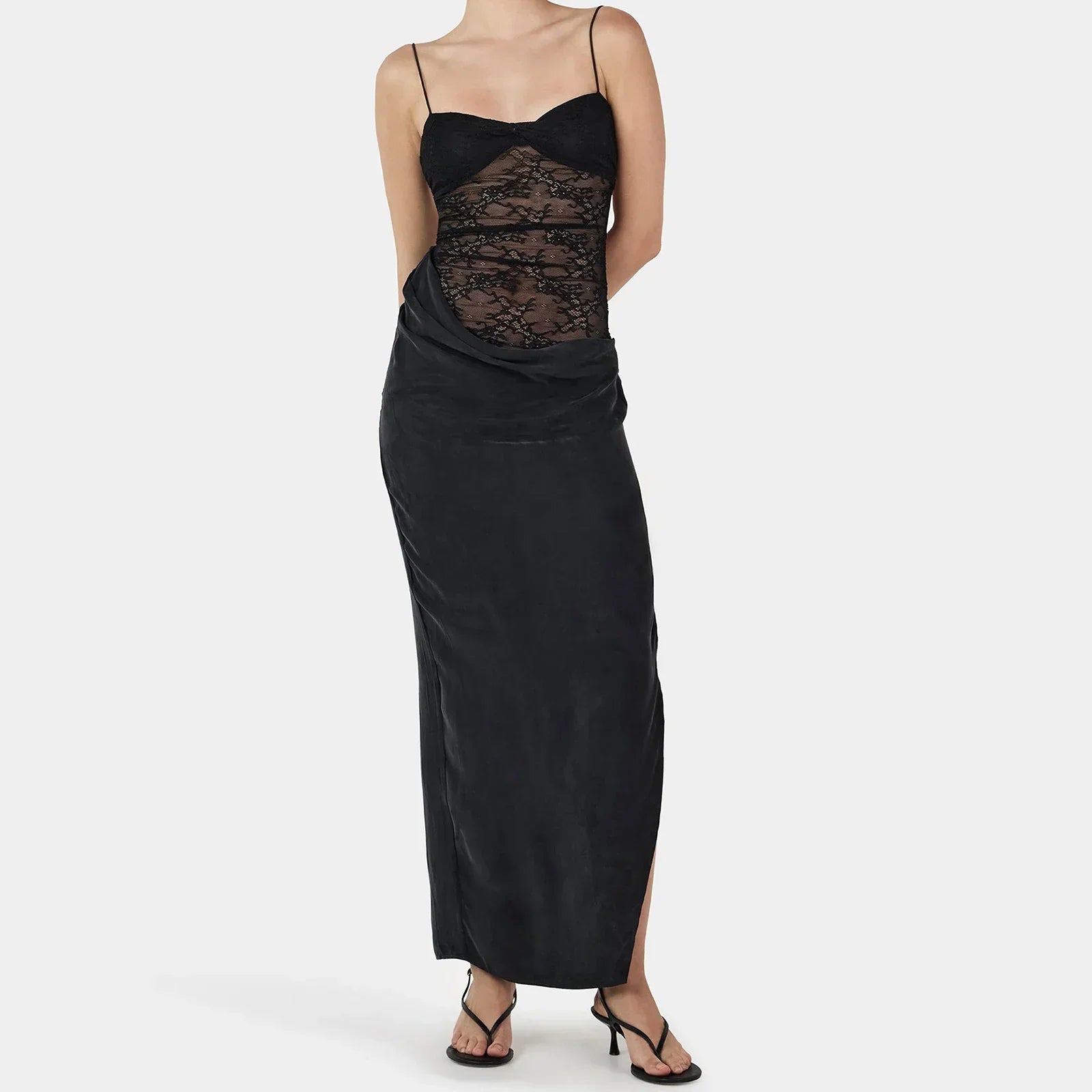 Lace Inset Sweetheart Ruched Bust Satin Draped High Slit Maxi Dress