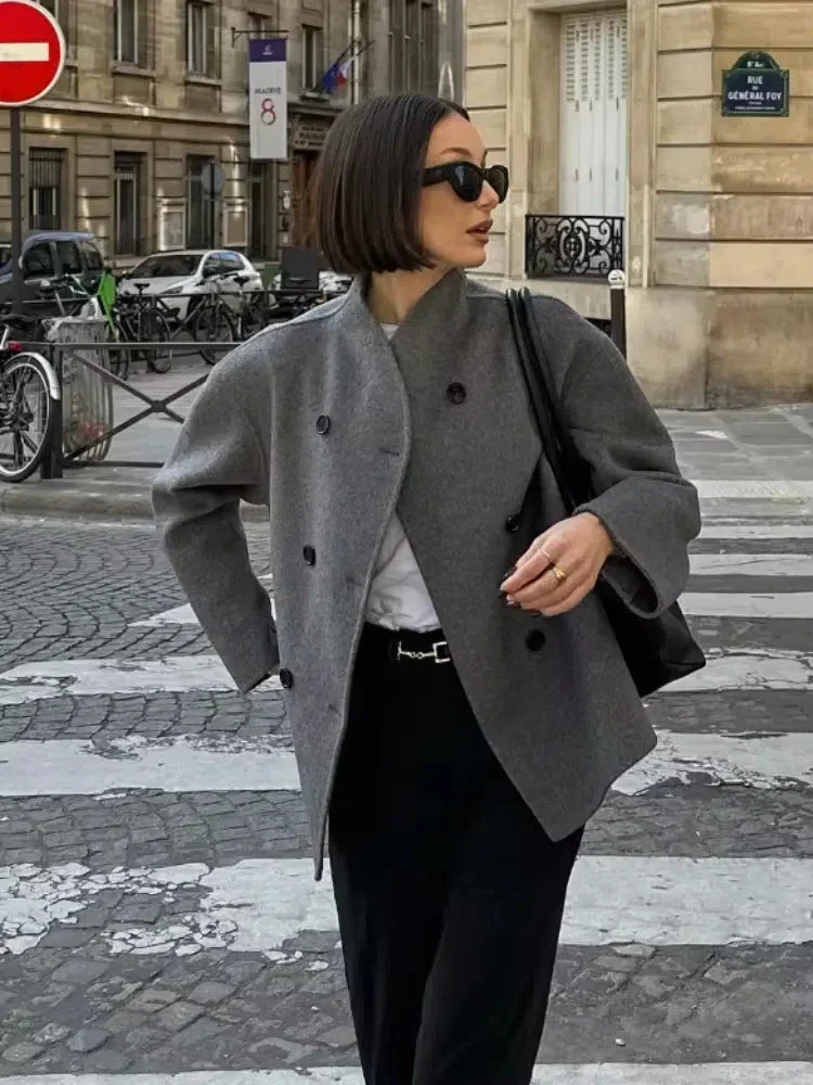 Elegant Wool Women's Coats Loose Casual Double Breasted Stand Collar Short Jacket 2024 Fall Winter Coat Female Commute Outerwear